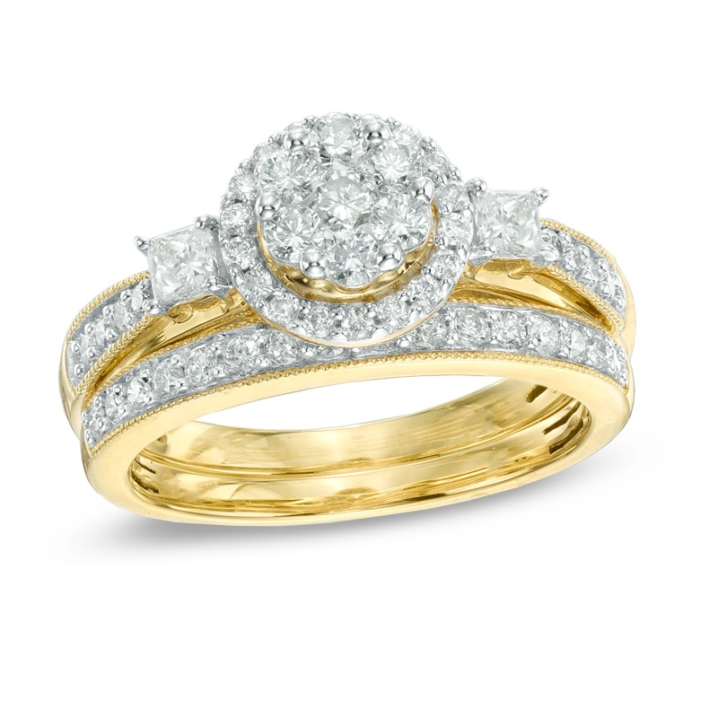 Main Image 1 of Previously Owned - 1 CT. T.W. Diamond Cluster Frame Bridal Set in 10K Gold