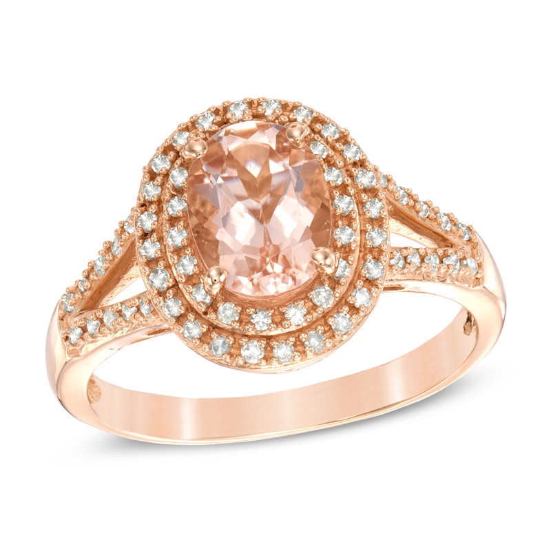 Main Image 1 of Previously Owned - Oval Morganite and 1/5 CT. T.W. Diamond Frame Ring in 10K Rose Gold