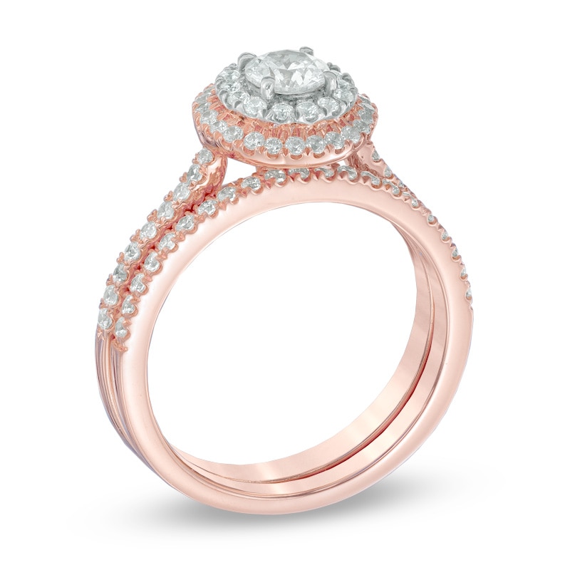 Main Image 2 of Previously Owned Celebration Ideal 7/8 CT. T.W. Diamond Double Frame Soldered Bridal Set in 14K Rose Gold (I/I1)