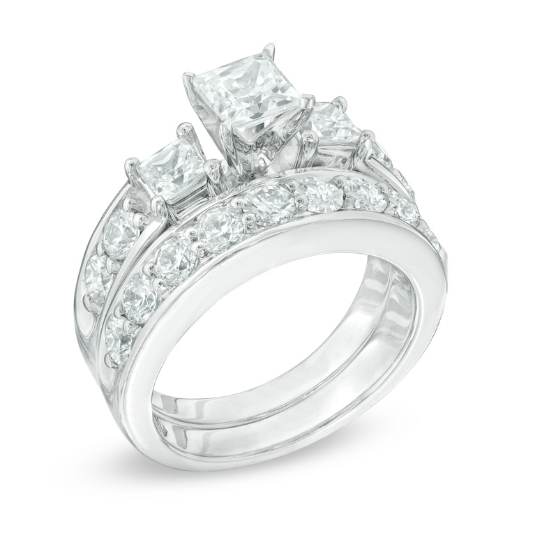Main Image 2 of Previously Owned - 2-3/4 CT. T.W. Princess-Cut Diamond Past Present Future® Bridal Set in 14K White Gold