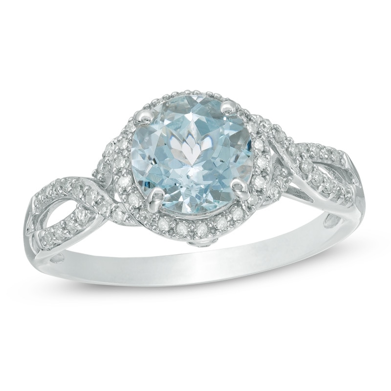 Previously Owned - 7.0mm Aquamarine and 1/6 CT. T.W. Diamond Frame Engagement Ring in 10K White Gold