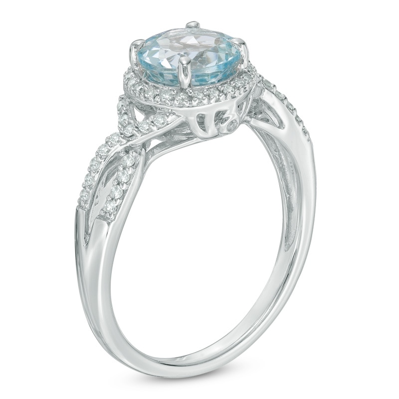 Main Image 2 of Previously Owned - 7.0mm Aquamarine and 1/6 CT. T.W. Diamond Frame Engagement Ring in 10K White Gold