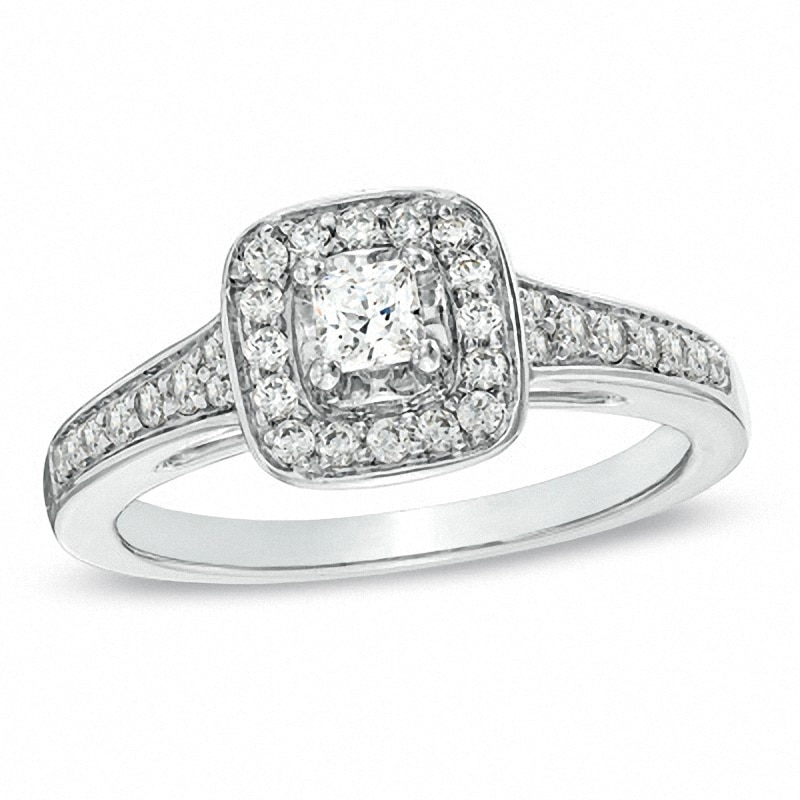 Previously Owned - 1/2 CT. T.W. Princess-Cut Diamond Frame Engagement Ring in 14K White Gold
