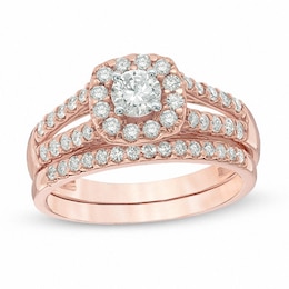 Previously Owned - 1 CT. T.W. Diamond Frame Split Shank Bridal Set in 14K Rose Gold