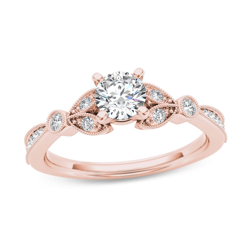 Main Image 1 of Previously Owned - 5/8 CT. T.W. Diamond Leaf Vintage-Style Engagement Ring in 14K Rose Gold