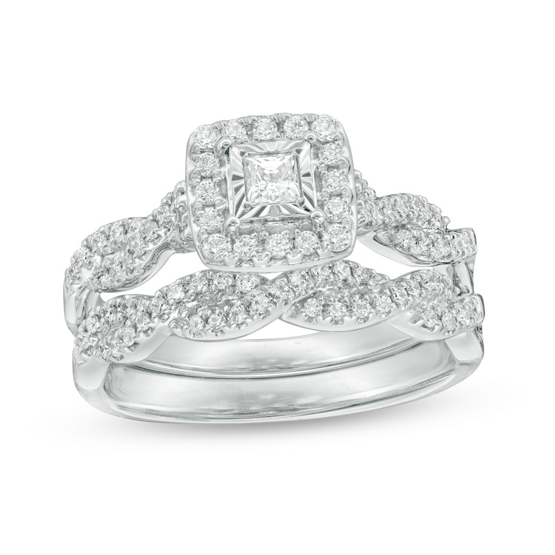Previously Owned - 5/8 CT. T.W. Princess-Cut Diamond Frame Twist Bridal Set in 10K White Gold
