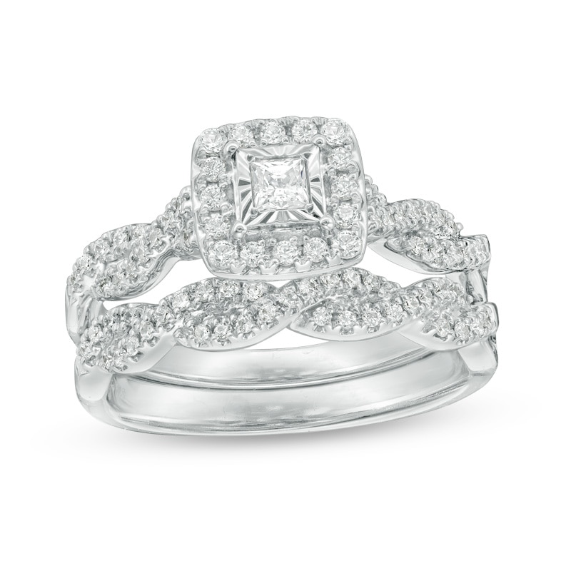 Main Image 1 of Previously Owned - 5/8 CT. T.W. Princess-Cut Diamond Frame Twist Shank Bridal Set in 10K White Gold