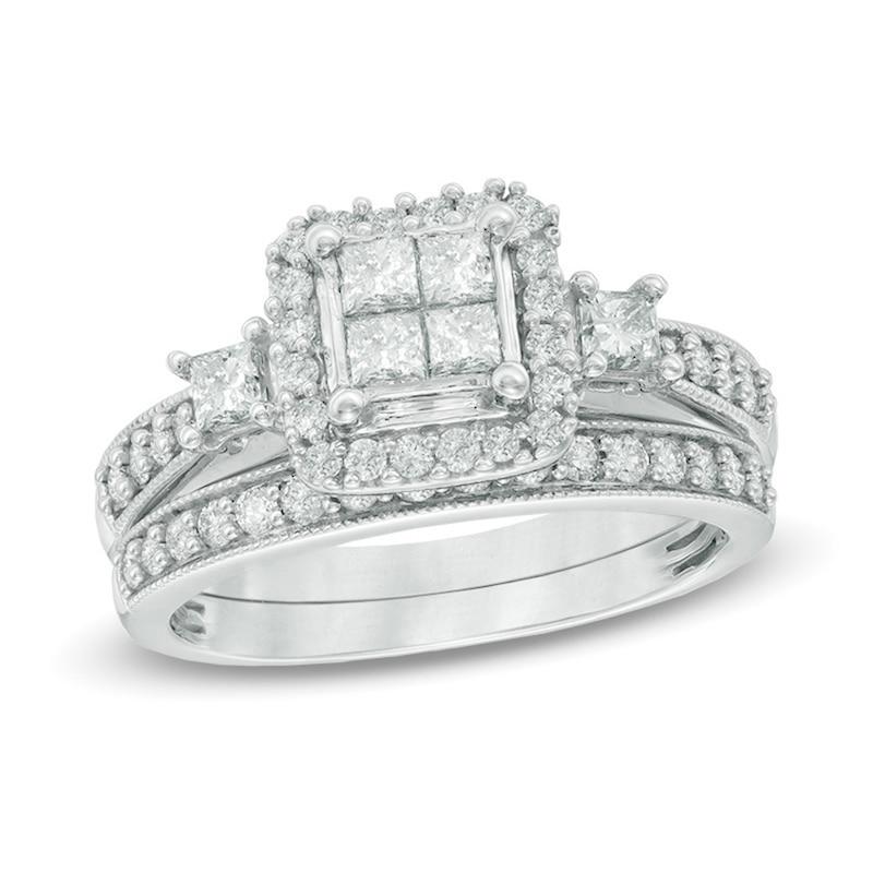 Main Image 1 of Previously Owned - 1 CT. T.W. Quad Princess-Cut Diamond Bridal Set in 10K White Gold