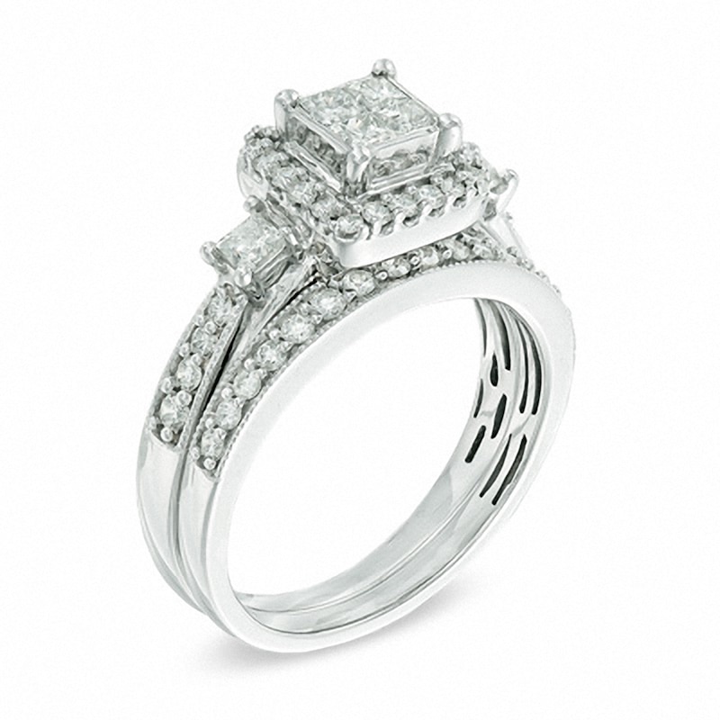 Main Image 2 of Previously Owned - 1 CT. T.W. Quad Princess-Cut Diamond Bridal Set in 10K White Gold