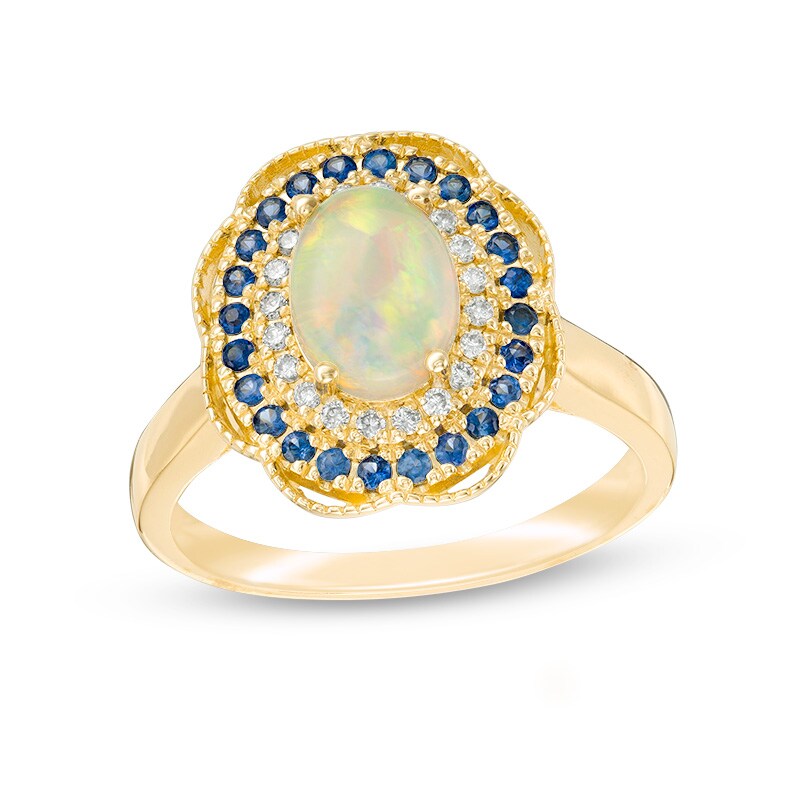 Main Image 1 of Previously Owned - Oval Opal, Blue Sapphire and 1/10 CT. T.W. Diamond Frame Vintage-Style Ring in 14K Gold