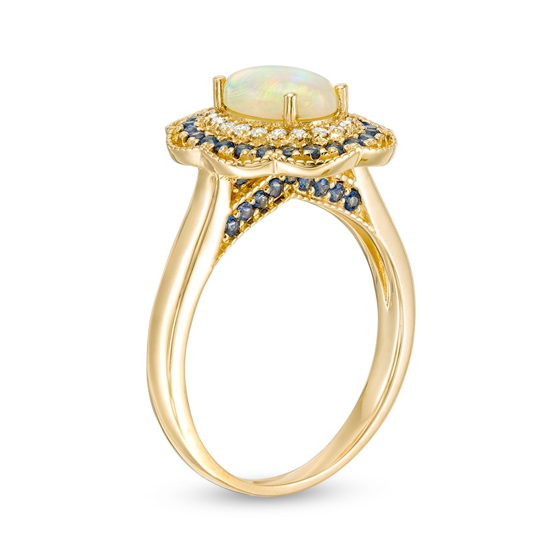 Main Image 2 of Previously Owned - Oval Opal, Blue Sapphire and 1/10 CT. T.W. Diamond Frame Vintage-Style Ring in 14K Gold