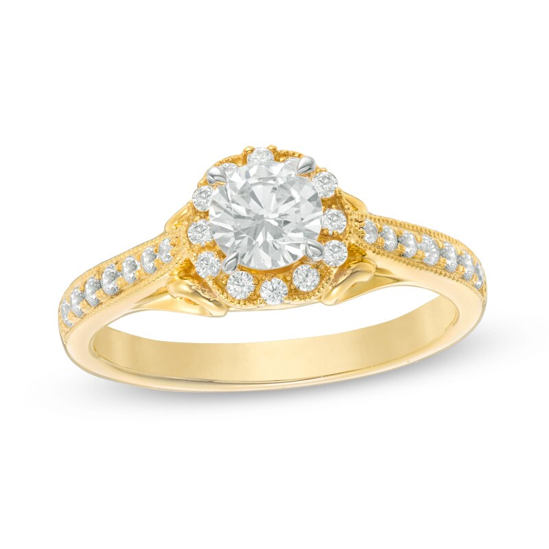 Previously Owned - 3/4 CT. T.W. Diamond Flower Frame Vintage-Style Engagement Ring in 14K Gold