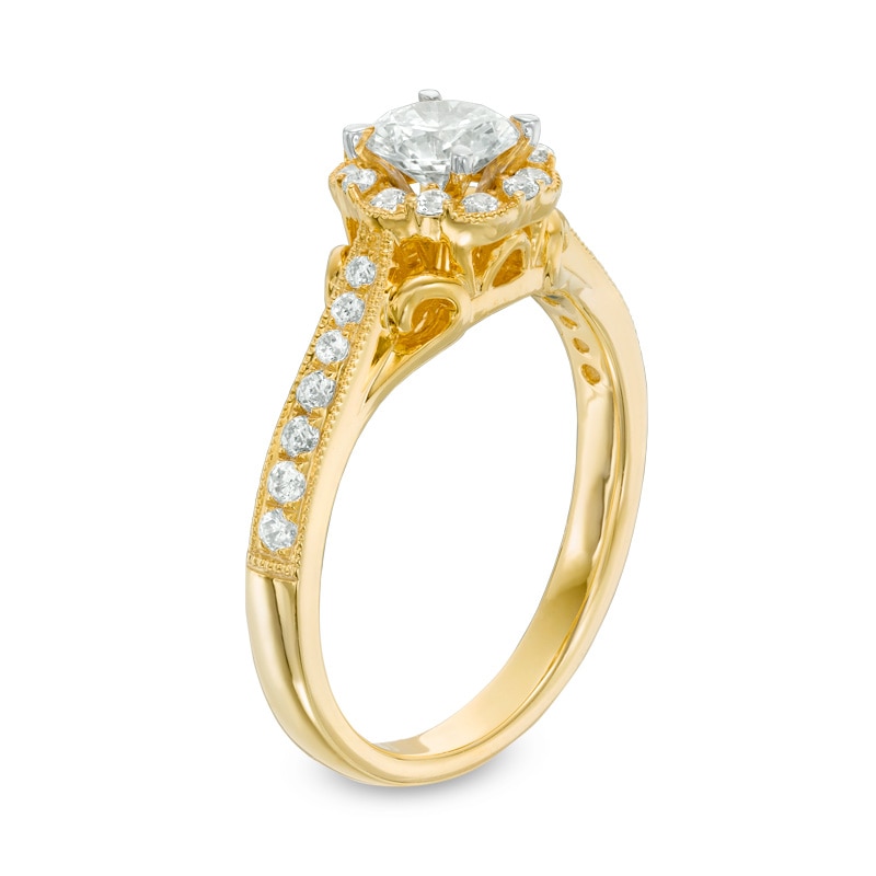 Previously Owned - 3/4 CT. T.W. Diamond Flower Frame Vintage-Style Engagement Ring in 14K Gold