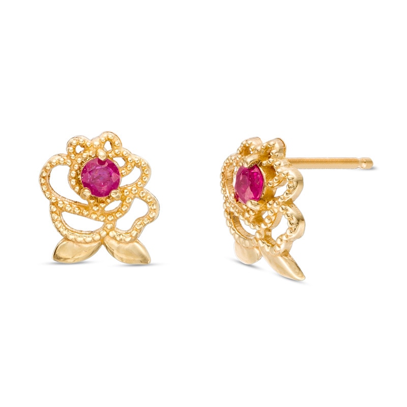 Previously Owned - Child's Disney Twinkle Belle Ruby Beaded Rose Stud Earrings in 14K Gold