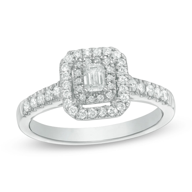 Main Image 1 of Previously Owned - 1/2 CT. T.W. Emerald-Cut Diamond Double Frame Engagement Ring in 14K White Gold