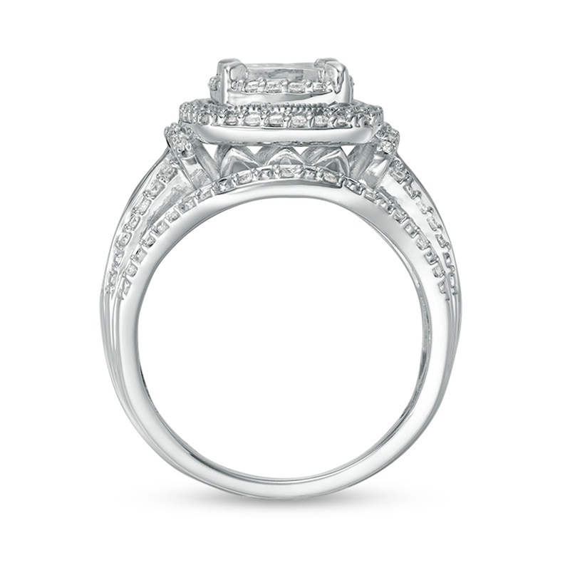 Main Image 5 of Previously Owned - 1 CT. T.W. Princess Multi-Diamond Frame Multi-Row Vintage-Style Engagement Ring in 10K White Gold