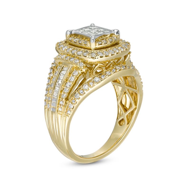 Main Image 2 of Previously Owned - 1 CT. T.W. Princess Multi-Diamond Double Frame Multi-Row Vintage-Style Engagement Ring in 10K Gold