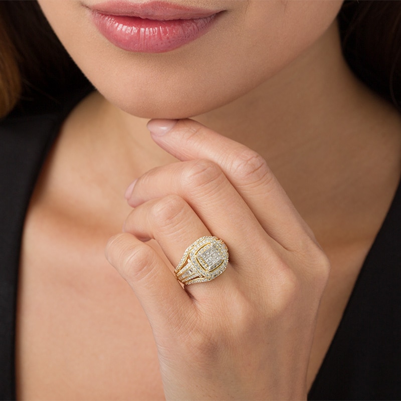 Main Image 3 of Previously Owned - 1 CT. T.W. Princess Multi-Diamond Double Frame Multi-Row Vintage-Style Engagement Ring in 10K Gold