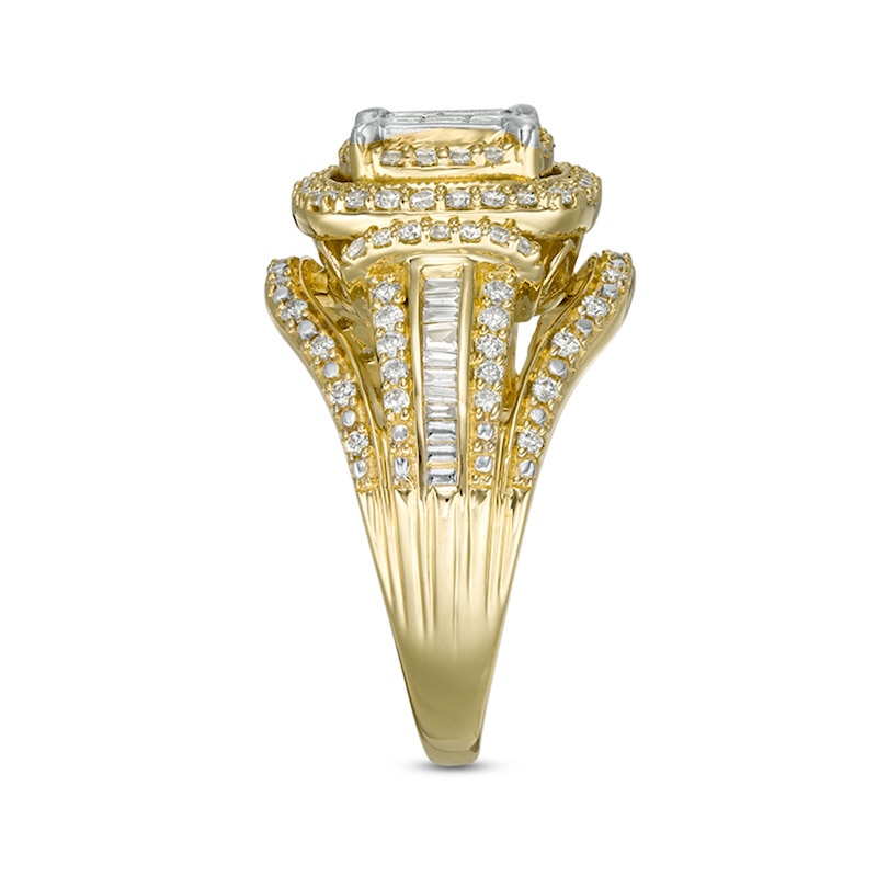 Main Image 4 of Previously Owned - 1 CT. T.W. Princess Multi-Diamond Double Frame Multi-Row Vintage-Style Engagement Ring in 10K Gold