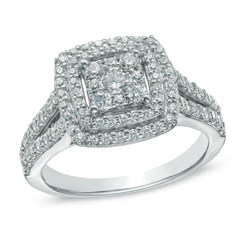 Main Image 1 of Previously Owned - 1 CT. T.W. Composite Diamond Double Frame Engagement Ring in 14K White Gold