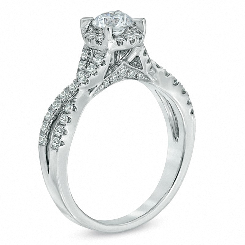 Previously Owned - Celebration Lux® 1 CT. T.W. Diamond Frame Twist Shank Engagement Ring in 14K White Gold (I/SI2)