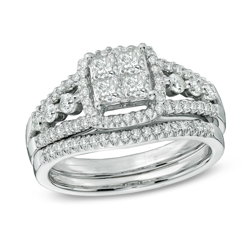 Main Image 1 of Previously Owned - 1 CT. T.W. Princess-Cut Quad Diamond Frame Bridal Set in 10K White Gold