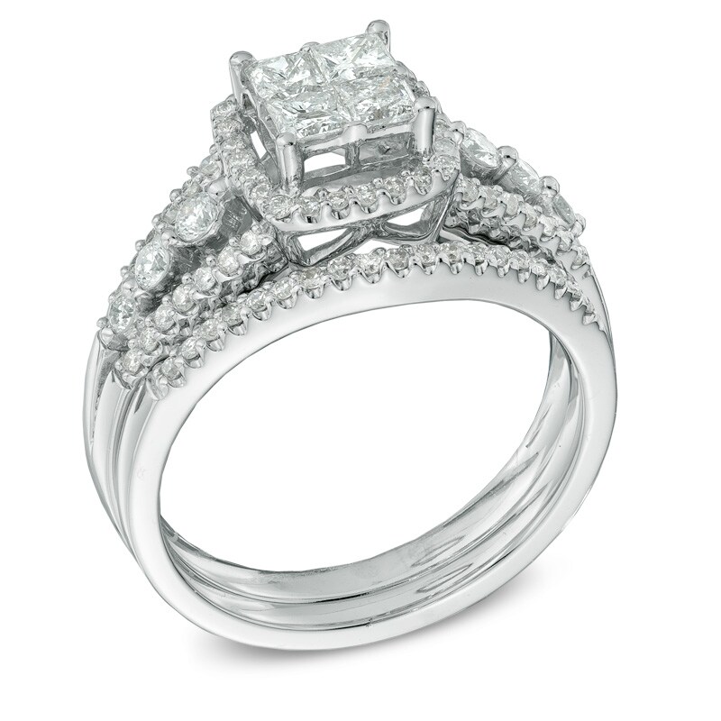 Main Image 2 of Previously Owned - 1 CT. T.W. Princess-Cut Quad Diamond Frame Bridal Set in 10K White Gold