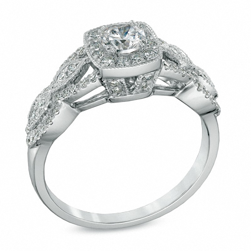 Main Image 2 of Previously Owned - Celebration Ideal 3/4 CT. T.W. Diamond Twist Frame Engagement Ring in 14K White Gold (I/I1)