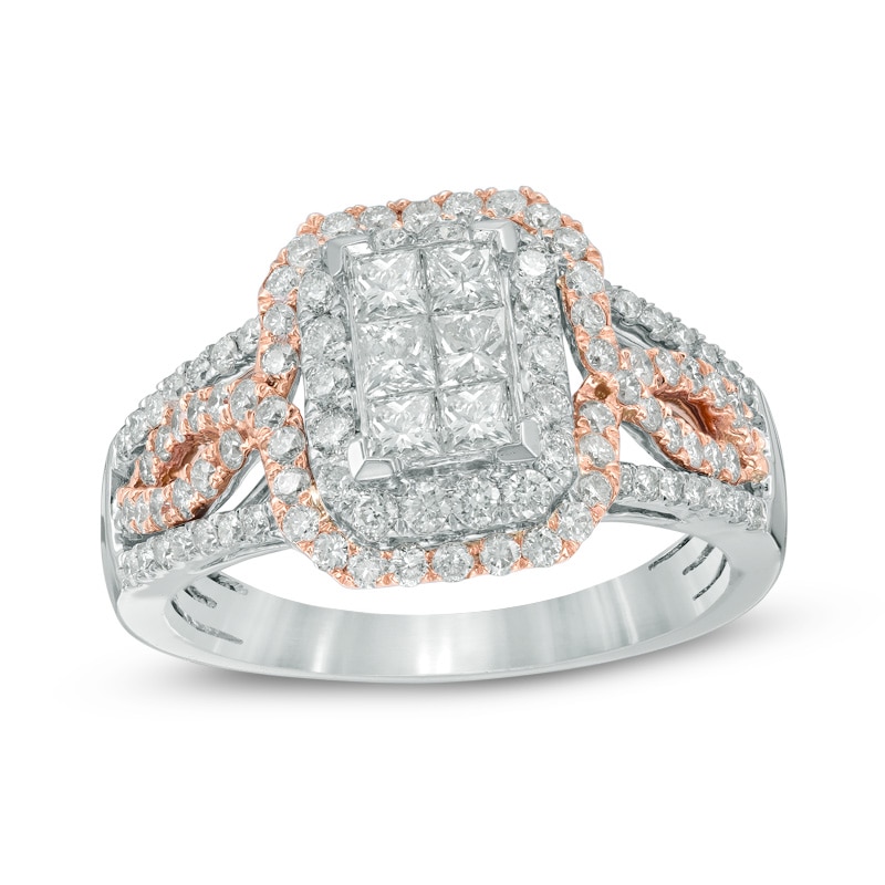 Main Image 1 of Previously Owned - 1-1/4 CT. T.W. Princess-Cut Composite Diamond Frame Engagement Ring in 10K Two-Tone Gold