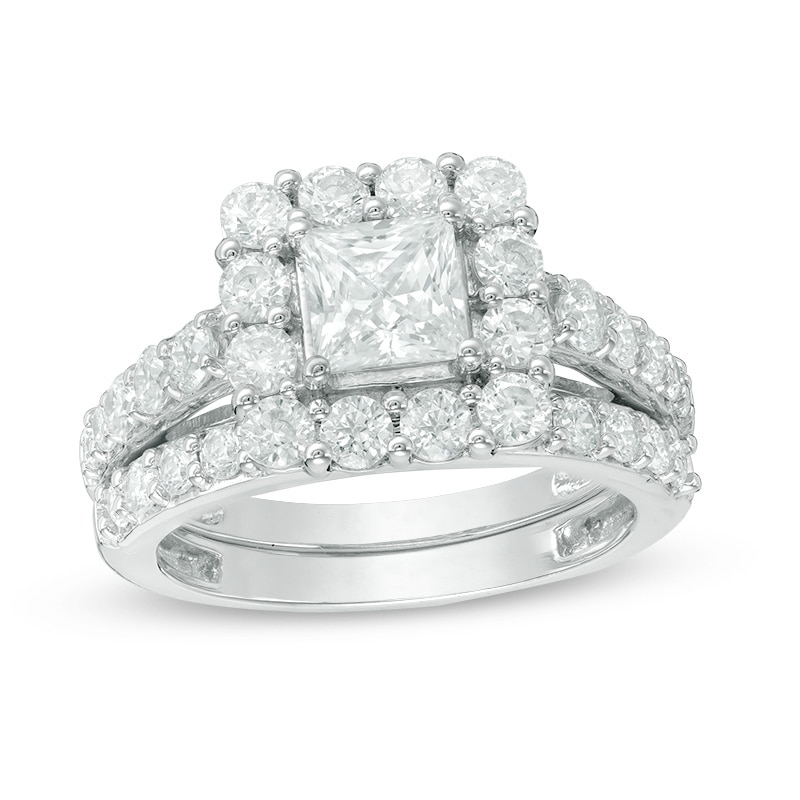 Previously Owned - Celebration Ideal 2-3/4 CT. T.W. Princess-Cut Diamond Bridal Set in 14K White Gold (I/I1)
