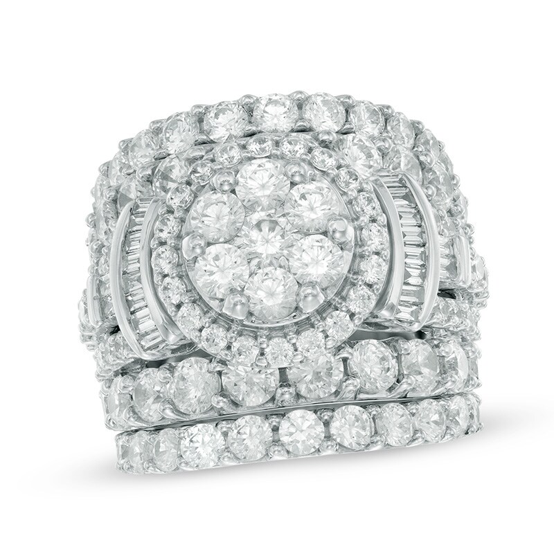 Main Image 1 of Previously Owned - 6 CT. T.W. Composite Diamond Frame Collared Three Piece Bridal Set in 14K White Gold