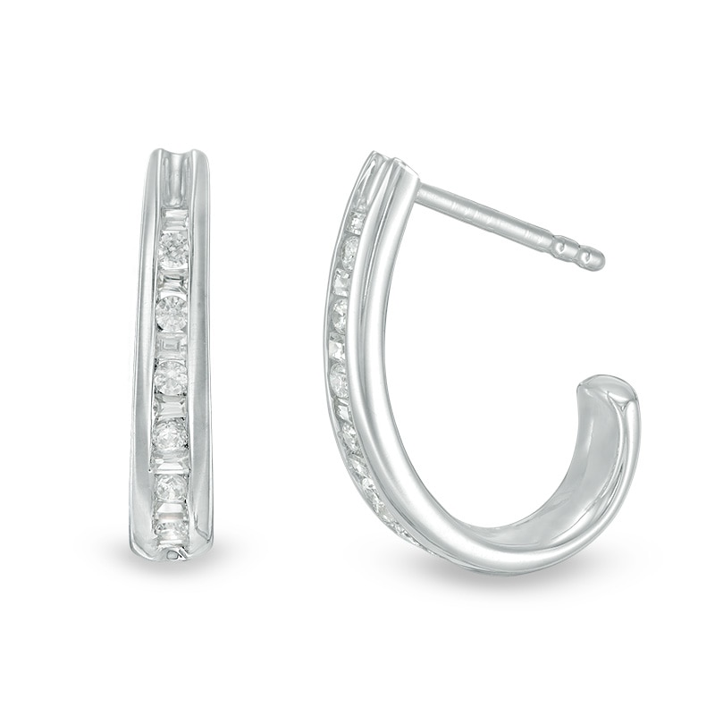 Previously Owned - 1/4 CT. T.W. Baguette and Round Diamond J-Hoop Earrings in 14K White Gold