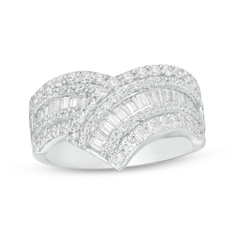 Previously Owned - 1 CT. T.W. Baguette and Round Diamond Chevron Ring in 10K White Gold