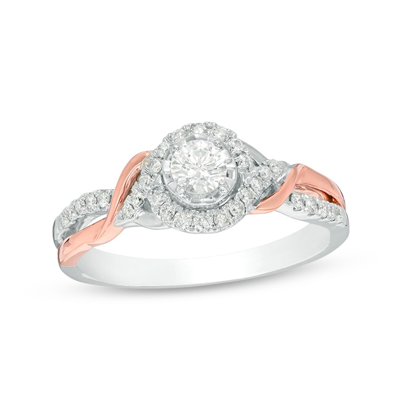 Main Image 1 of Previously Owned - 3/8 CT. T.W. Diamond Frame Twist Engagement Ring in 14K Two-Tone Gold