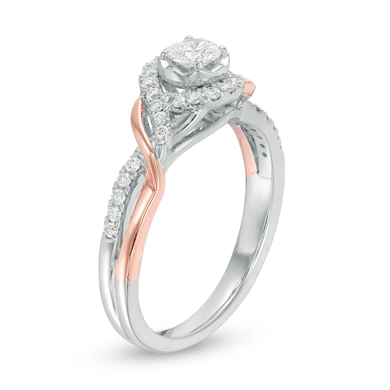 Main Image 2 of Previously Owned - 3/8 CT. T.W. Diamond Frame Twist Engagement Ring in 14K Two-Tone Gold