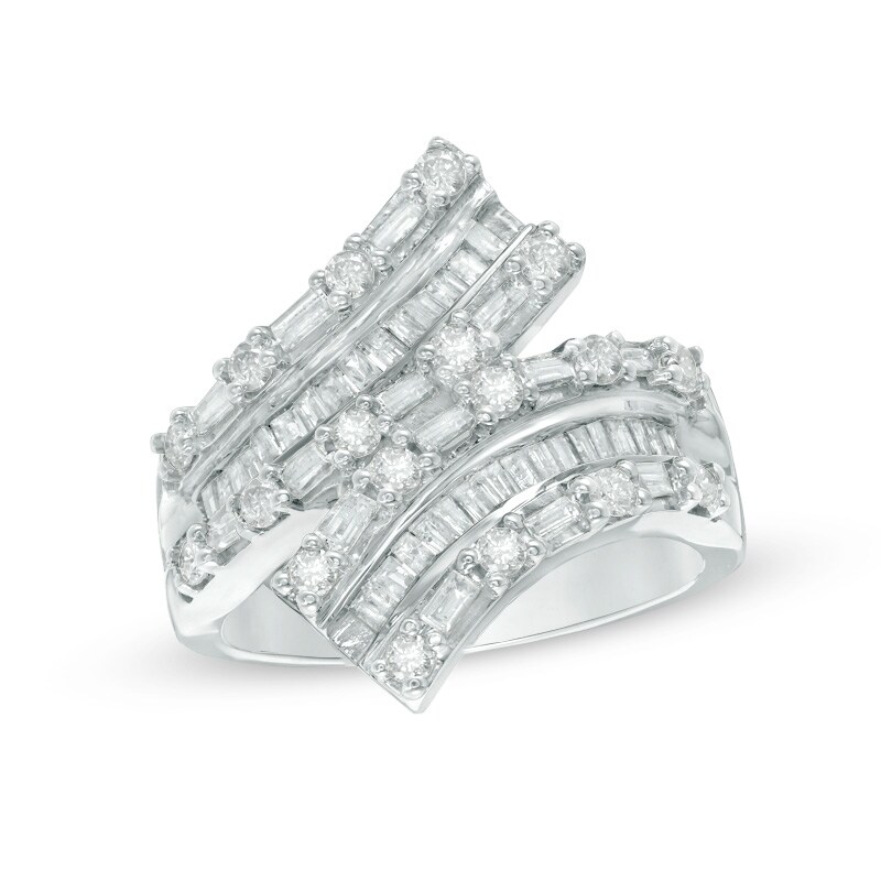 Main Image 1 of Previously Owned - 1 CT. T.W. Baguette and Round Diamond Bypass Ring in 10K White Gold