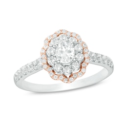 Previously Owned - 3/4 CT. T.W. Oval Diamond Double Scallop Frame Engagement Ring in 14K Two-Tone Gold