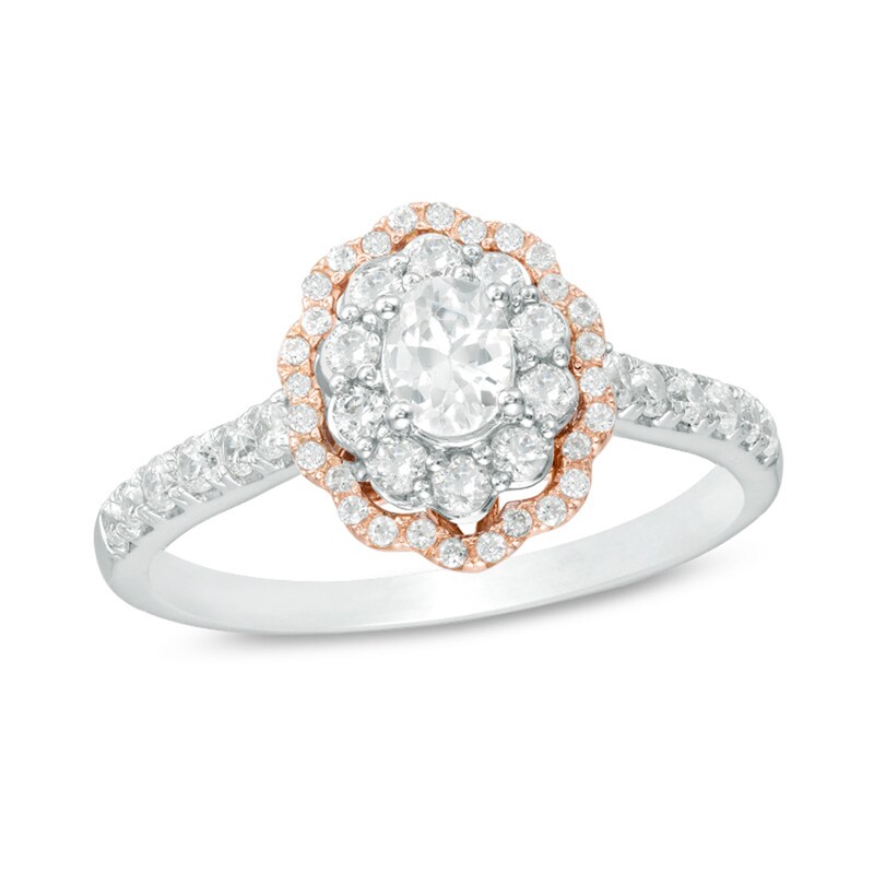 Main Image 1 of Previously Owned - 3/4 CT. T.W. Oval Diamond Double Scallop Frame Engagement Ring in 14K Two-Tone Gold