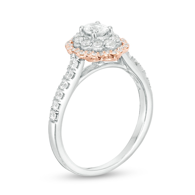 Main Image 2 of Previously Owned - 3/4 CT. T.W. Oval Diamond Double Scallop Frame Engagement Ring in 14K Two-Tone Gold