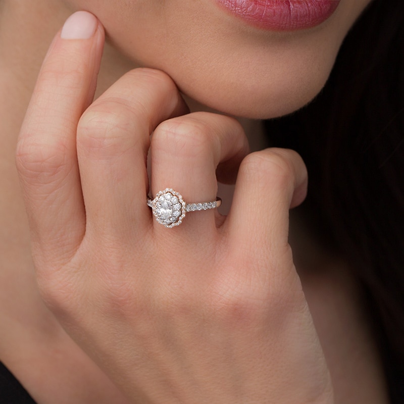 Main Image 3 of Previously Owned - 3/4 CT. T.W. Oval Diamond Double Scallop Frame Engagement Ring in 14K Two-Tone Gold