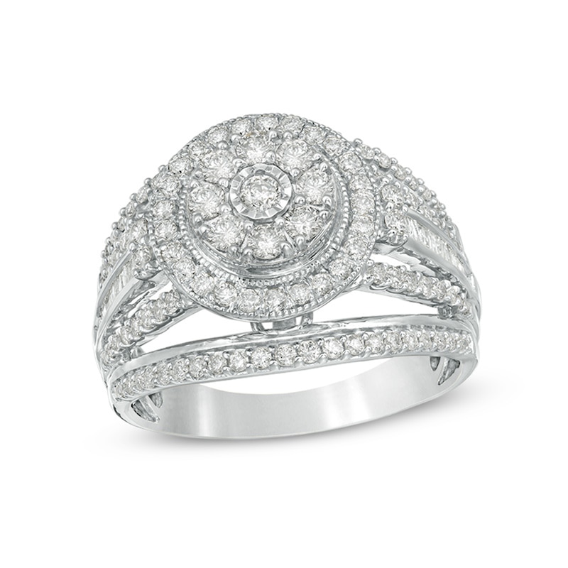 Main Image 1 of Previously Owned - 1 CT. T.W. Multi-Diamond Double Frame Multi-Row Vintage-Style Engagement Ring in 10K White Gold