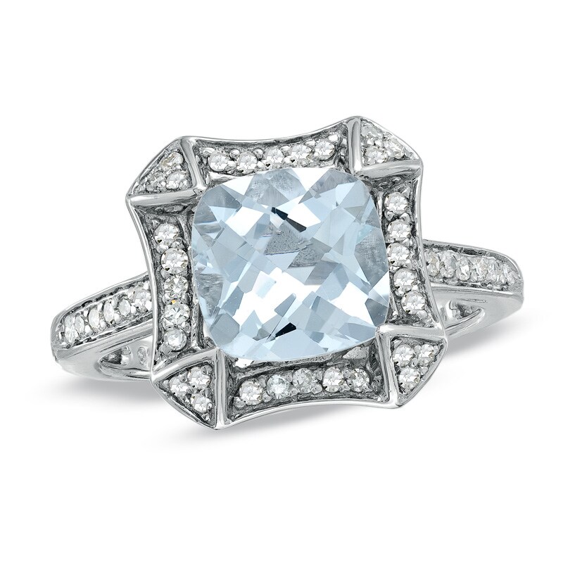 Main Image 1 of Previously Owned - 8.0mm Cushion-Cut Aquamarine and 1/4 CT. T.W. Diamond Frame Ring in Sterling Silver
