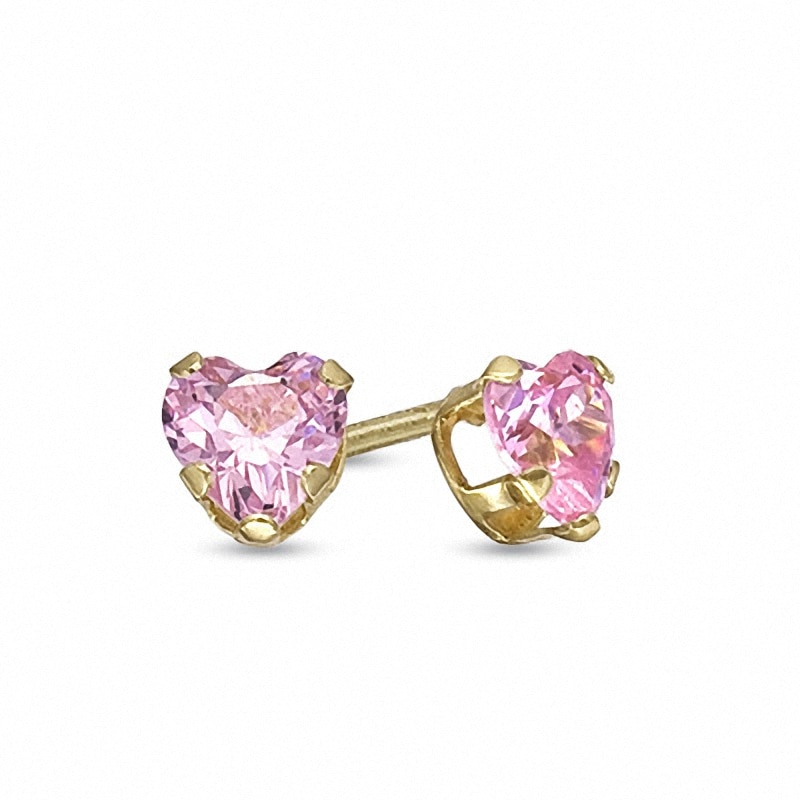 Previously Owned - Child's 4.0mm Heart-Shaped Pink Crystal Stud Earrings in 14K Gold