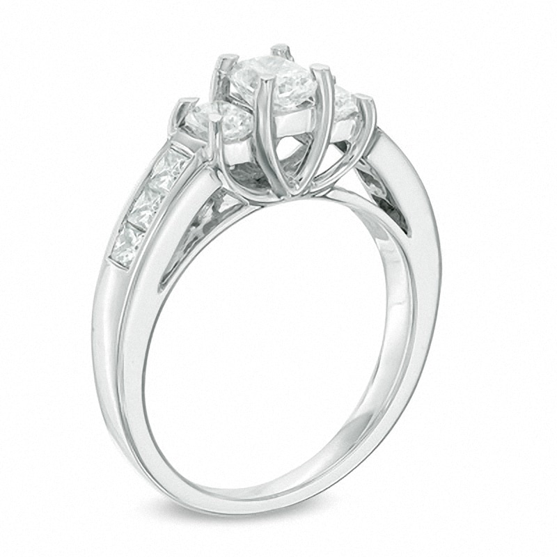 Main Image 2 of Previously Owned - 1-1/2 CT. T.W. Radiant-Cut Diamond Three-Stone Engagement Ring in 14K White Gold