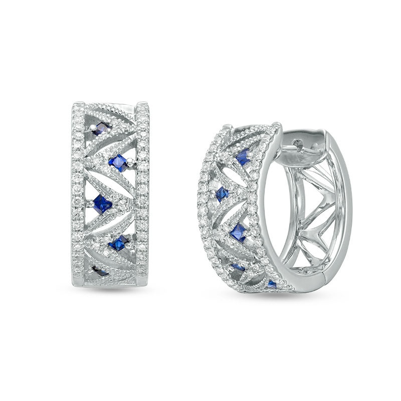Previously Owned - Vera Wang Love Collection 1/4 CT. T.W. Diamond and Blue Sapphire Hoop Earrings in 14K White Gold