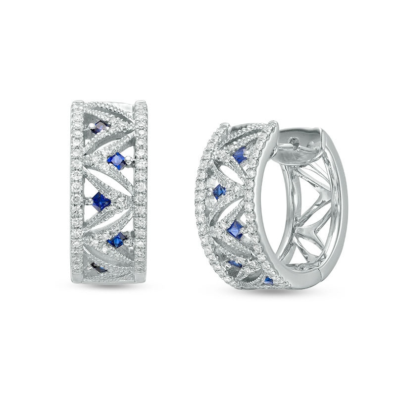 Main Image 1 of Previously Owned - Vera Wang Love Collection 1/4 CT. T.W. Diamond and Blue Sapphire Hoop Earrings in 14K White Gold
