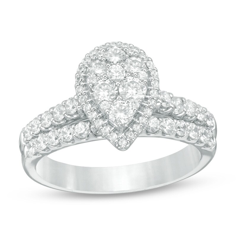 Main Image 1 of Previously Owned - 1 CT. T.W. Pear-Shaped Multi-Diamond Frame Bridal Set in 14K White Gold