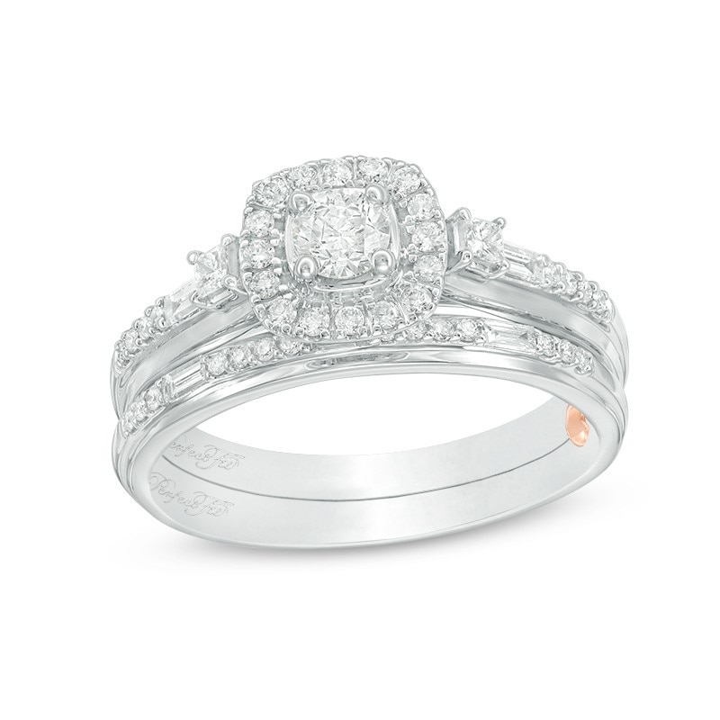 Main Image 1 of Previously Owned - Perfect Fit 5/8 CT. T.W. Diamond Cushion Frame Interlocking Bridal Set in 10K White Gold