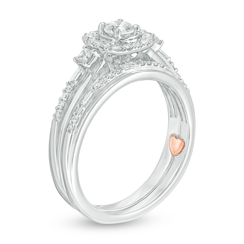 Main Image 2 of Previously Owned - Perfect Fit 5/8 CT. T.W. Diamond Cushion Frame Interlocking Bridal Set in 10K White Gold