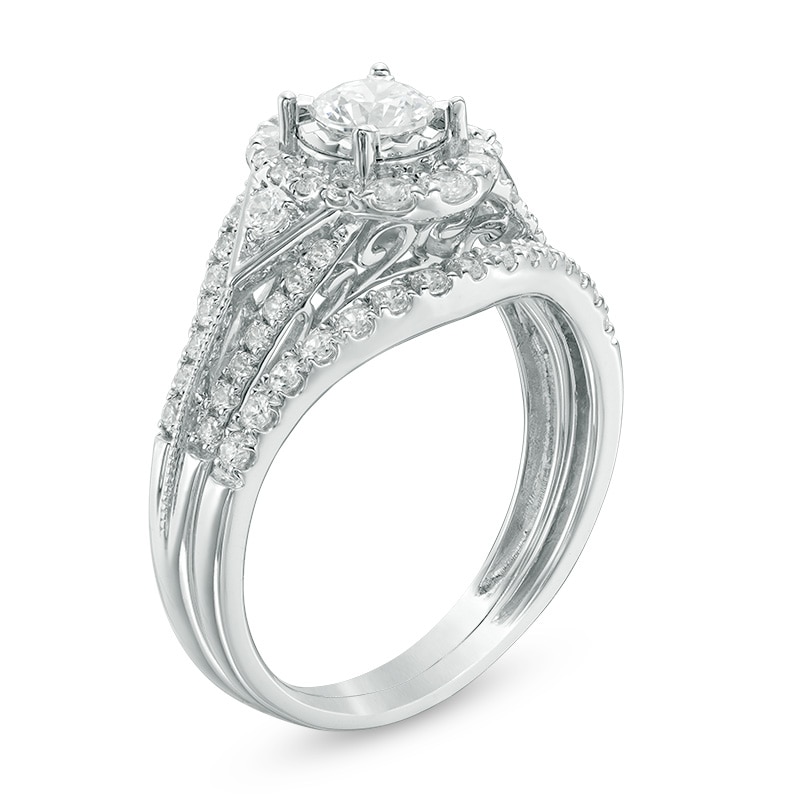 Main Image 2 of Previously Owned - 1 CT. T.W. Diamond Frame Tri-Sides Split Shank Bridal Set in 14K White Gold